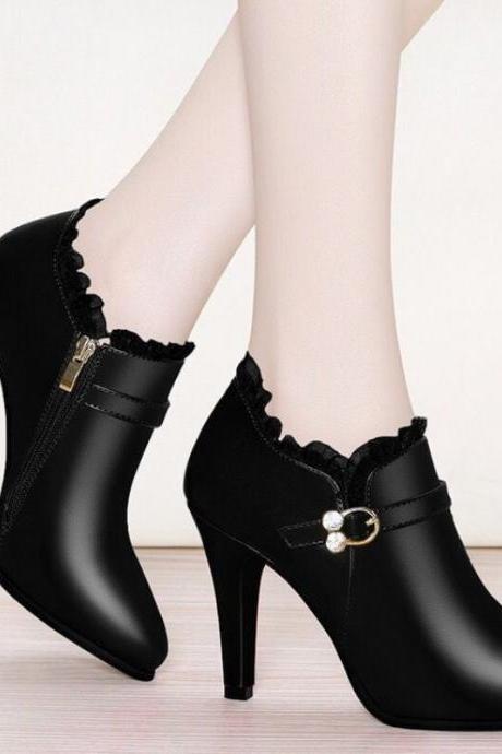 Winter Autumn High Heels Ankle Boots Women Dress Shoes Lace Pointed Toe Botas H273