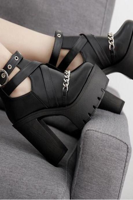 Ankle Boots For Women High Heels Casual Cut-outs Buckle Round Toe Chain Thick Heels Platform Shoes H275