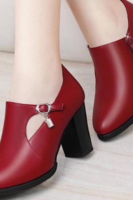 Pu Leather Pointed Toe Thick High Heel Solid Mom Shoes Lace Up Wedding Female Pumps Boots H279