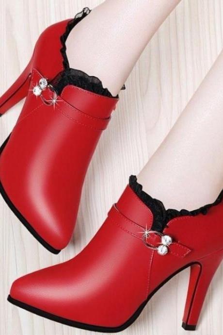 Super High Heels Ankle Boots Women Dress Shoes Lace Pointed Toe Botas H282