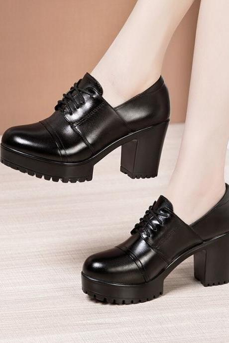 Soft Leather Shoes Women Oxfords Platform Pumps Fall Winter Block High Heels Shoes With Fur H283