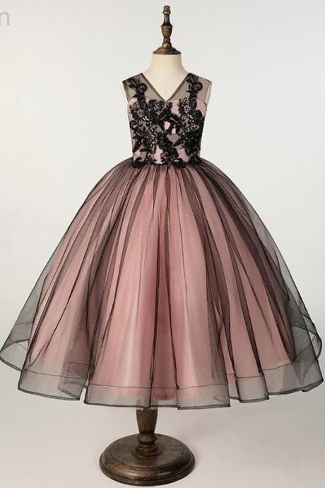 Black Lace Applique Ball Gown V Neck Tulle Flower Girl Dresses For Wedding Formal Occasion Princess Skirt Hand Made Custom Fk45