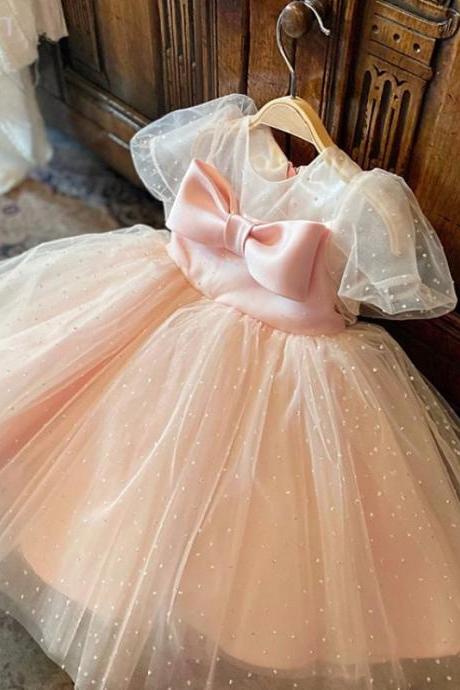 Cute Pink Short Sleeve O-neck Sequins With Bow Flower Girl Dress Princess Skirt For Wedding Brithday Party Custom Size Fk46