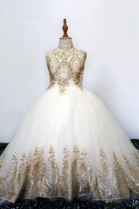 Gold Lace Applique Flower Girl Dress A-line Sleeveless O-neck Floor-length Tulle Simple Kids Clothing Brithday Party Skirt Fk47