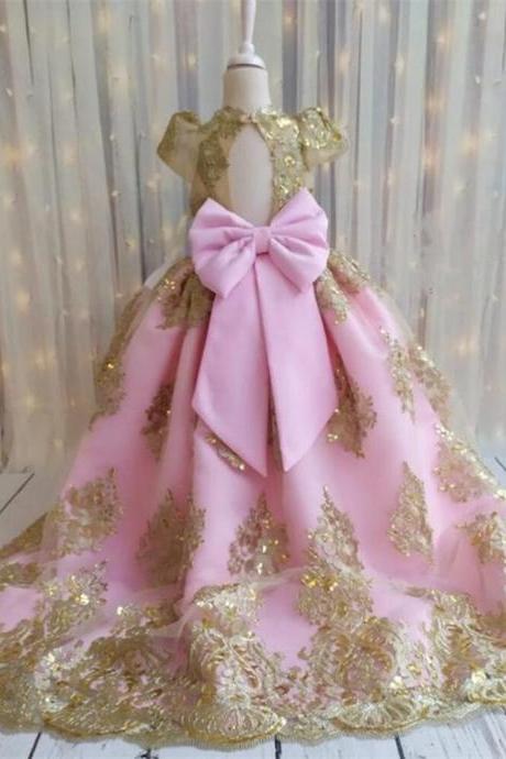 Pink And Gold Lace Applique Flower Girl Dress Special Occasion Bridesmaid Party Wedding Pageant Birthday Christmas Communion Fk49