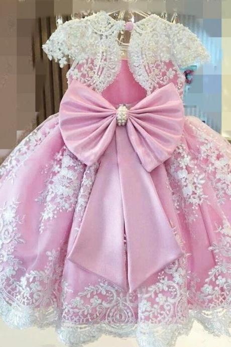 Real Photo Pink Princess Pearls Lace Appliques Flower Girl Dresses O-neck Ball Gowns For Little Baby First Communion Clothing Fk52