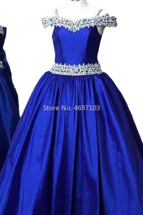 Blue Flower Girl Dresses For Wedding A Line Off Shoulder Crystal Beaded Satin Kids Pageant Clothes For Formal Party Fk54
