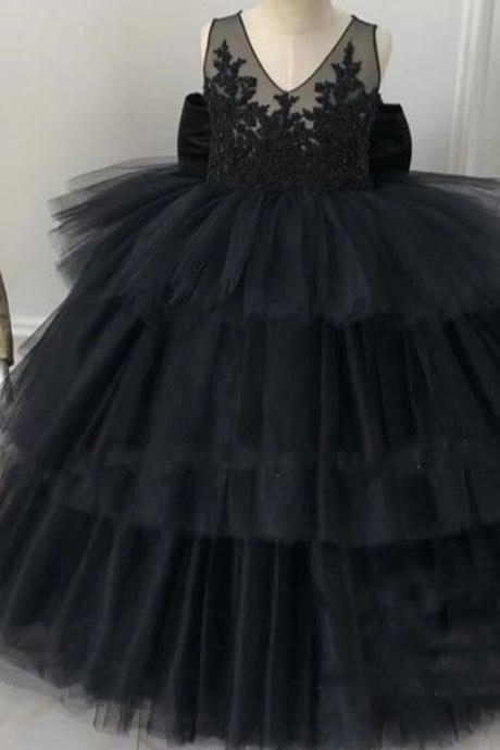 Flower Girls Dress For Wedding Black Birthday Princess Gown Lace Beaded Plus Size Tulle Kids Ball Gown With Bow Custom Fk56