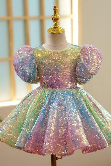 Exquisite Knee-length O-neck Short Sleeve Flower Girl Dress Princess Ball Gown Brithday Party Skirt Multicolor Summer Clothing Fk57