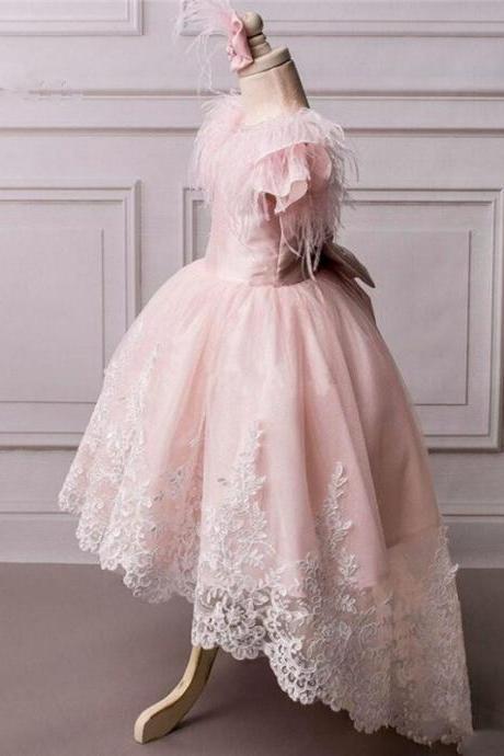 White Ivory Pink Flower Girl Dress Lace Feather With Bow High Low Style Real Pictures Pageant Gowns Birthday Party Customize Fk58