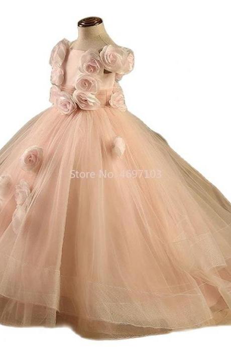 White Ivory Lovely Pink Handmade Flowers Girl Dress For Wedding Real Photo Applique Princess Pageant Kids Birthday Ball Gowns Fk59