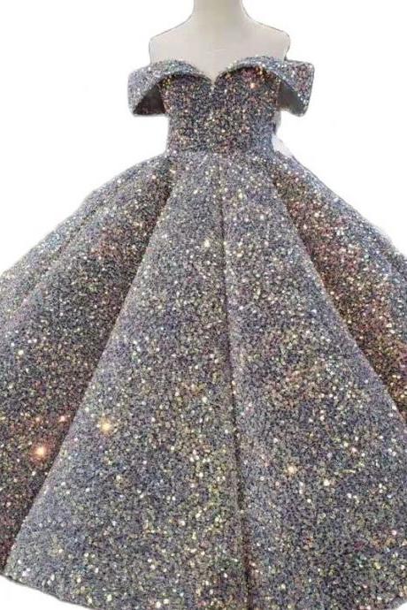Luxurious Sequins Ball Gown Flower Girl Dress Princess Off The Shoulder Full Length Brithday Party Kids Skirt Hand Made Fk67
