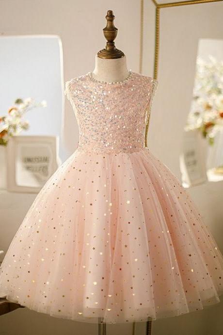 Pink O-neck Sleeveless Sequins Flower Girl Dress Princess Ball Gown Knee Length With Bow Brithday Party Skirt Hand Made Custom Fk70