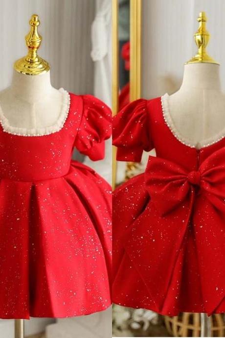 Red Flower Girl Dress Birthday Collar Puff Sleeves Sparky Ball Gown Knee Length Princess Skirt First Communion Custom Fk71