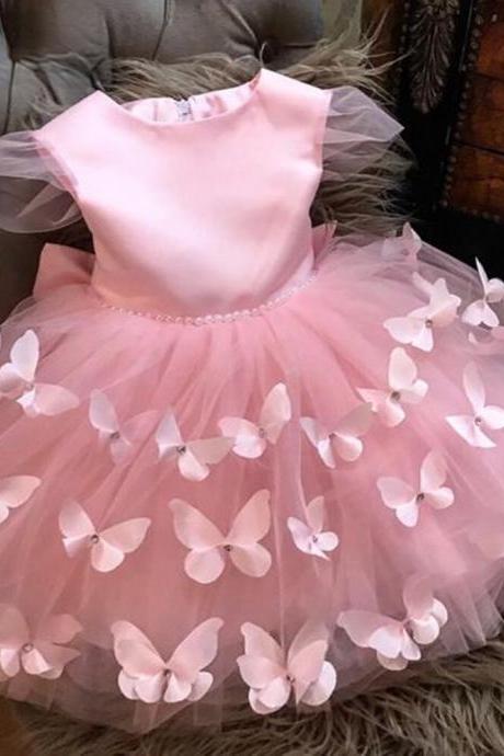 Flower Girls Dress Pink Butterfly Applique Tulle Princess Prom Party Elegant Formal Birthday Skirt First Holy Hand Made Fk72