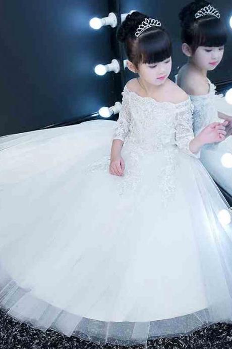 Girls Shoulderless Wedding Dresses Appliques Party Tulle Princess Birthday Dress First Communion Gown Flower Girl Dress Fk74