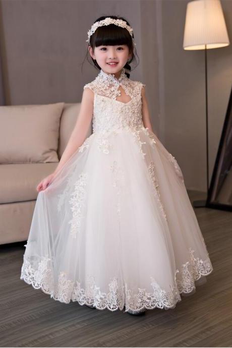 Lace Flower Girl Dresses For Wedding Beaded Baby Girl Baptism Gown Long First Communion Dresses Fk76