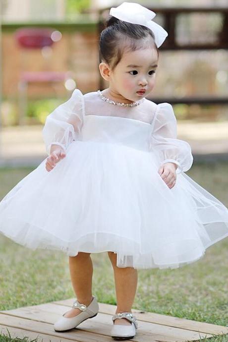 Infant Princess Dress White Tulle 1 Year Birthday Baby Girls Party Dress Newborn Baptism Gow Fk77
