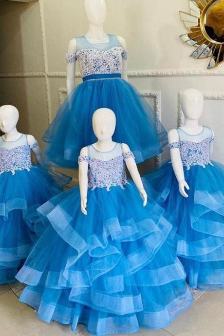 Flower Girl Wedding Dresses Sheer Neck Tiers Children Party Birthday Gowns Communion Pageant Wears Fk85
