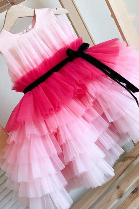 Pink Flower Girl Dress Tulle Layers Sashes Girl Pageant Gowns Unicorn Girl Birthday Dress Fk90