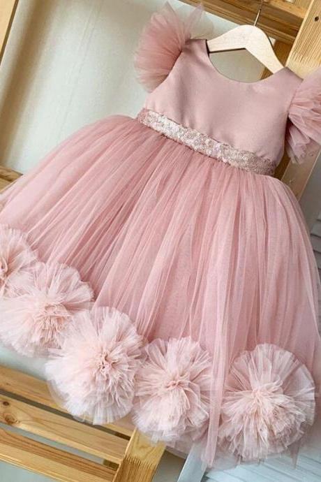 Blush Pink Flower Girl Dresses Handmade Flowers Girl Party Dresses Pageant Birthday Gowns Fk96