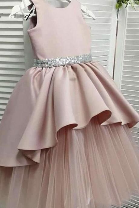 Pink Flower Girl Dresses Pearls Shoulder Layers Evening Kids Dress Sequin Sashes Girls Ball Gown Vestidos Fk101