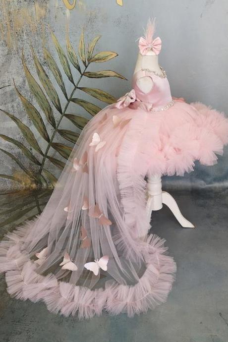 Puffy Girl Dress Pink Baby Dress With Train Flower Girl Dress Bow Cute Kid&amp;#039;s Child Birthday Dresses Frist Communion Fk103