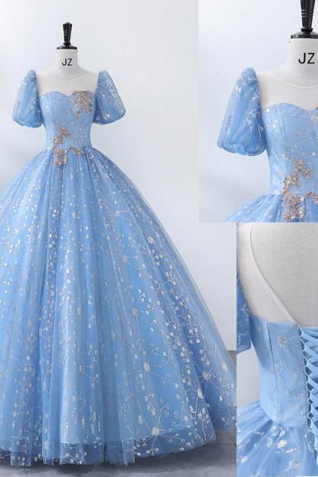 Blue Ball Gown Applique Prom Dress Evening Dress Hand Made Sa816