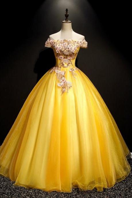 Gold Off The Shoulder Applique Full Length Prom Dress Evening Dress Sa820