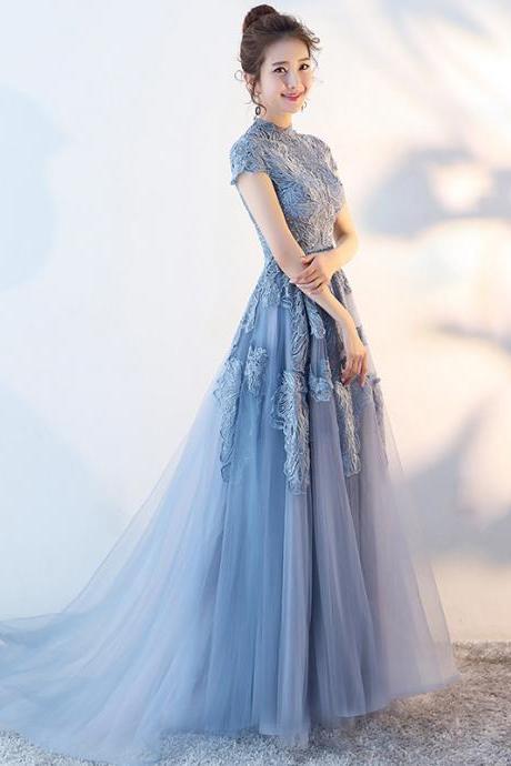 Short Sleeve Blue Full Length Prom Dress Evening Dress Lace Applique Sa822
