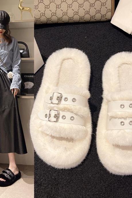 Autumn And Winter Korean Style Outer Wear Belt Buckle Thick-soled Flip-flops Warm Furry Slippers For Women H293