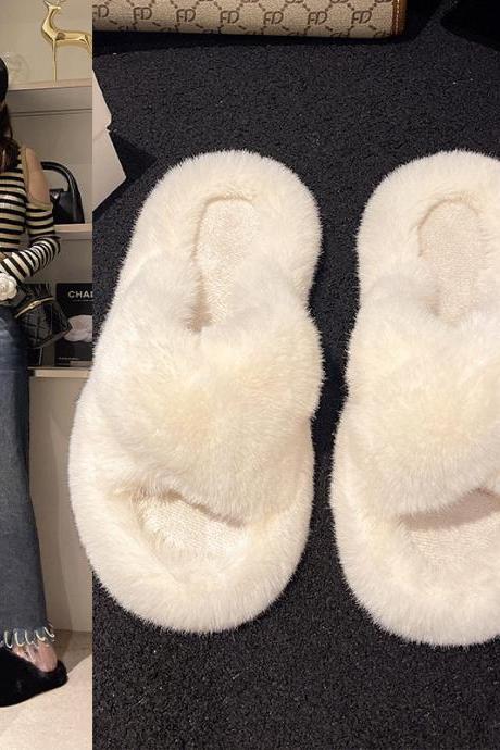 Autumn And Winter Korean Style Versatile Large Size Comfortable Flat-heeled One-word Furry Slippers For Women H294