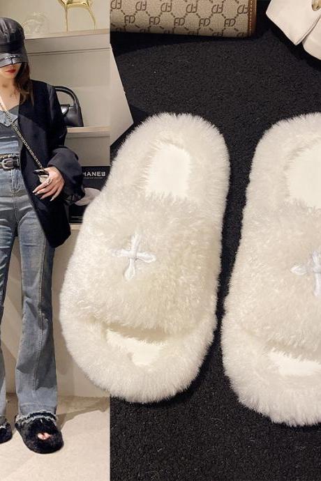Furry One-piece Flat-heeled Furry Slippers For Home And Outdoor Wear H302