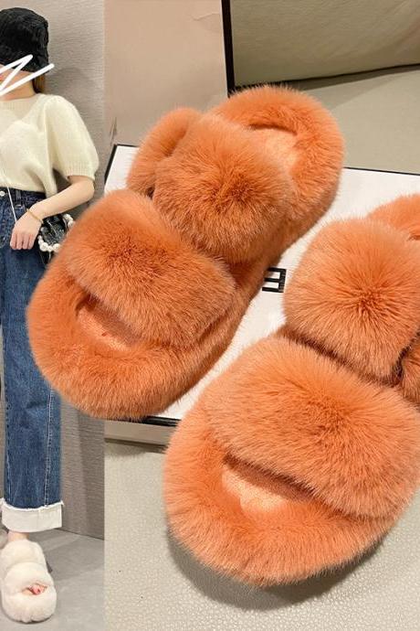 Thick-soled Fur Slippers For Women Autumn And Winter Belt Buckle Casual Soft-soled Home Slippers H304