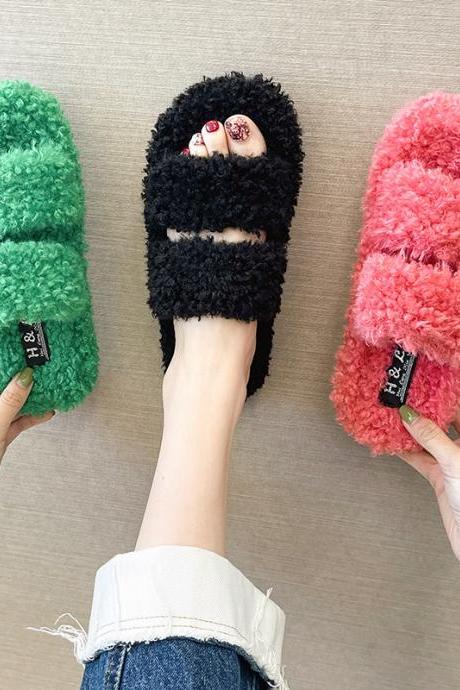 Plush Slippers Flat-soled Parallel-bar Korean-style Red Thick-soled Home Cotton Slippers For Women H305