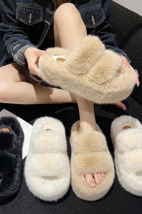 7cm Thick-soled Double-strip Furry Shoes For Women Flat H307