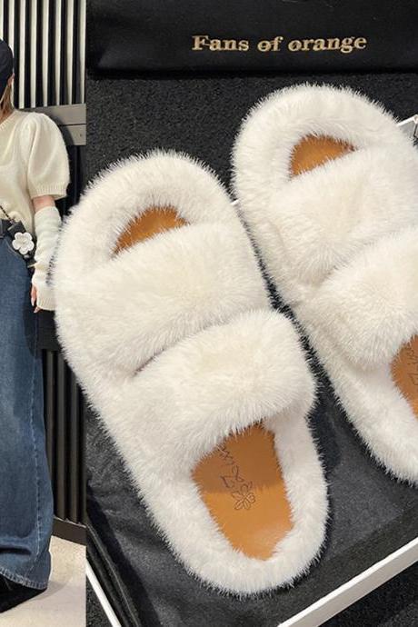 Women's Korean Style Fur Slippers With Parallel Bars H308