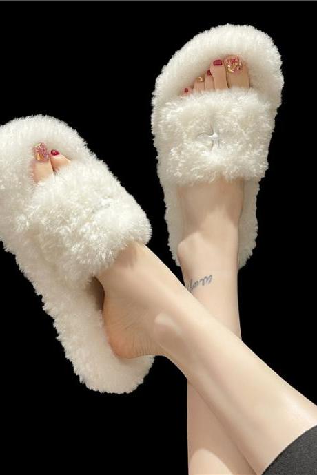 Thick-soled Lightweight Fur Slippers For Women Casual Home Flat Slippers H309
