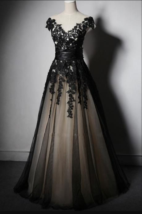 Beautiful Black Handmade Long Lace Applique Lace Up Black Prom Dresses, Evening Dresses Sa866
