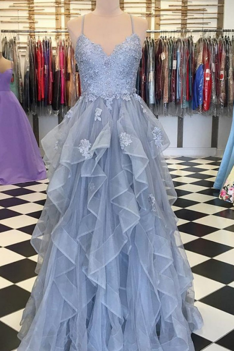 Blue Gray Tulle Ruffles Long Spaghetti Straps Evening Dress, Prom Dress Sa872
