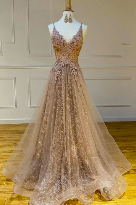 Tulle Long Dress V Neck A Line Customize Lace Prom Dress Sa877