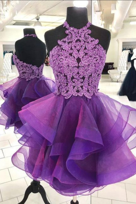 Cute Purple Tulle Lace Short Prom Dress, Purple Homecoming Dress Sa880