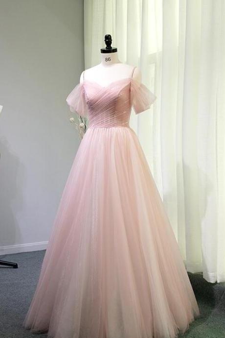 Pink Elegant Off The Shoulder Tulle Formal Prom Dress, Beautiful Long Prom Dress Sa889