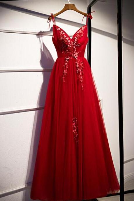 Red Elegant A-line Tulle V-neckline Formal Prom Dress Sa890
