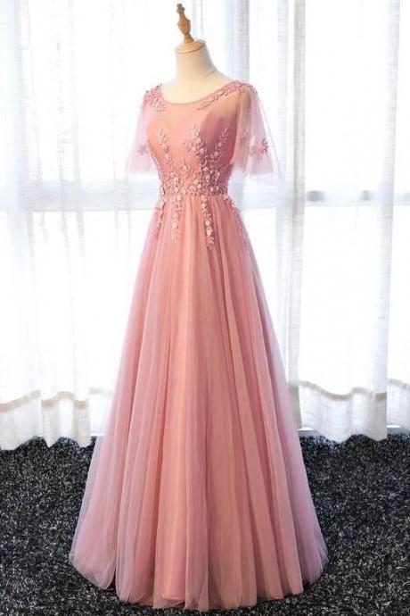 Pink A-line Short Sleeves Tulle Formal Prom Dress, Beautiful Long Prom Dress Sa897