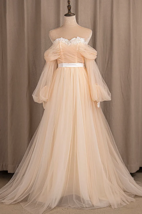 Elegant Puffy Sleeves Off Shoulder Tulle Formal Prom Dress, Beautiful Long Prom Dress Sa900