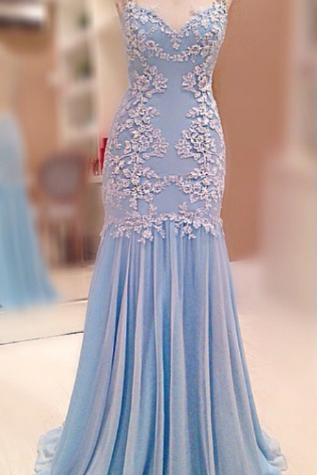 Blue Elegant Mermaid V-neck Appliques Tulle Formal Prom Dress, Beautiful Long Prom Dress Sa901