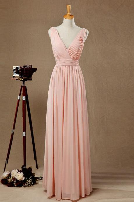 Pink V-neckline Chiffon Formal Prom Dress, Beautiful Long Prom Dress Sa903