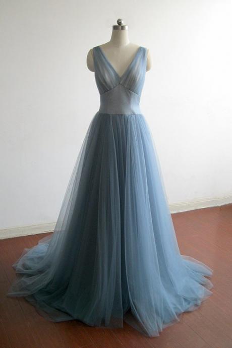 Blue Simple Tulle Formal Prom Dress, Beautiful Long Prom Dress Sa906