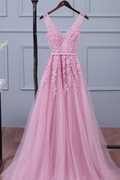 Lace Appliqued Tulle Formal Prom Dress, Beautiful Long Prom Dress Sa907